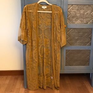 Mustard yellow embroidered lace kimono duster